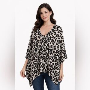 Chico’s Leopard Print Poncho Sweater | Button Front Asymmetrical Top